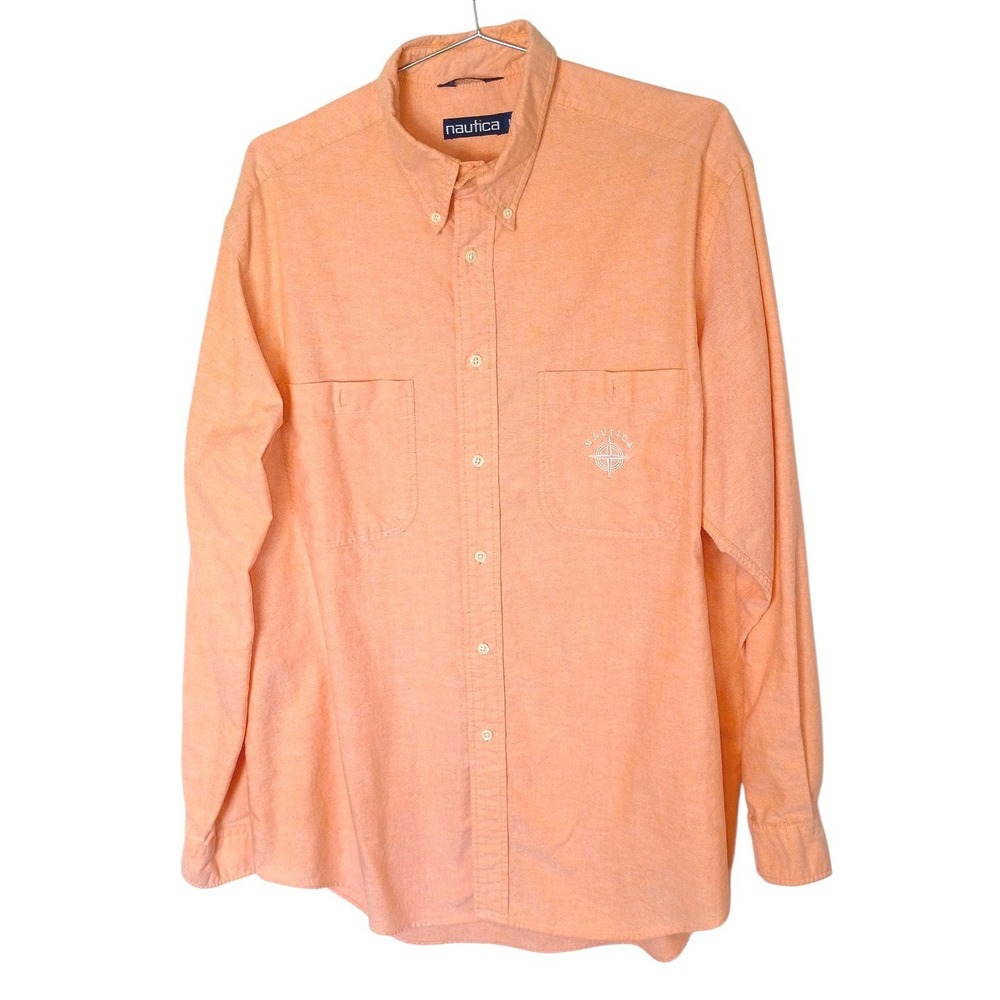 Nautica Mens Large Orange Peach Button Down Shirt Long Sleeve Oxford Logo